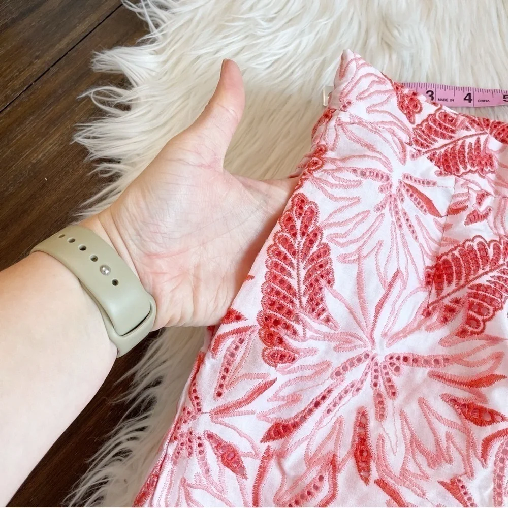 New White and Coral Maia 100% Cotton Embroidered High Waist Shorts
